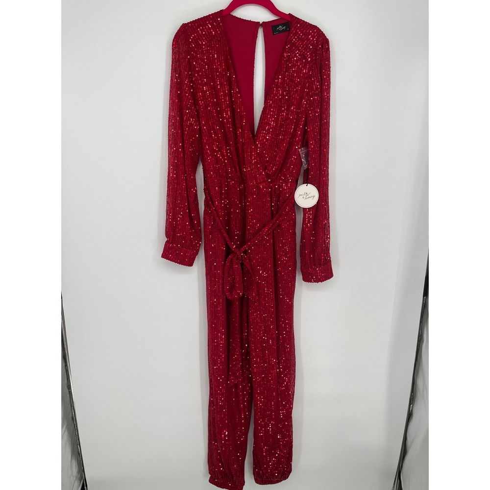 Milk & Honey Sequin V-Neck Long Sleeve‎ Jumpsuit W/Belt Women L Red Glam Club